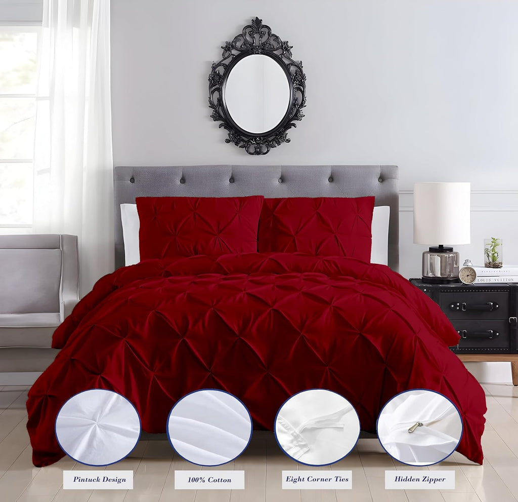 Luxury Burgundy Pinch Pleated Pintuck Duvet Cover Set Oversized King Plus 120'x128' Size Egyptian Cotton Luxury Soft & Breathable Comforter Cover with Corner Ties & Zipper Closure