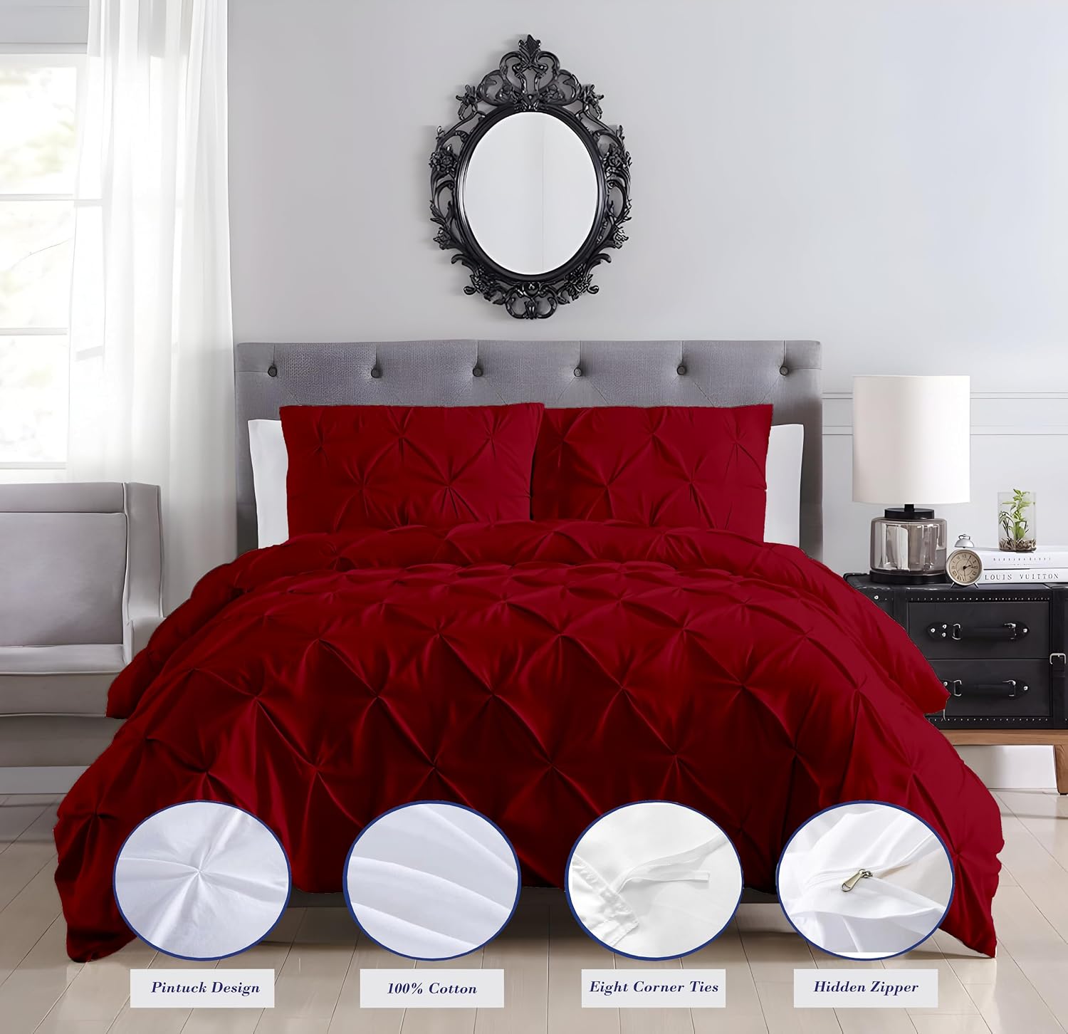 Luxury Burgundy Pinch Pleated Pintuck Duvet Cover Set Oversized King Plus 120'x128' Size Egyptian Cotton Luxury Soft & Breathable Comforter Cover with Corner Ties & Zipper Closure