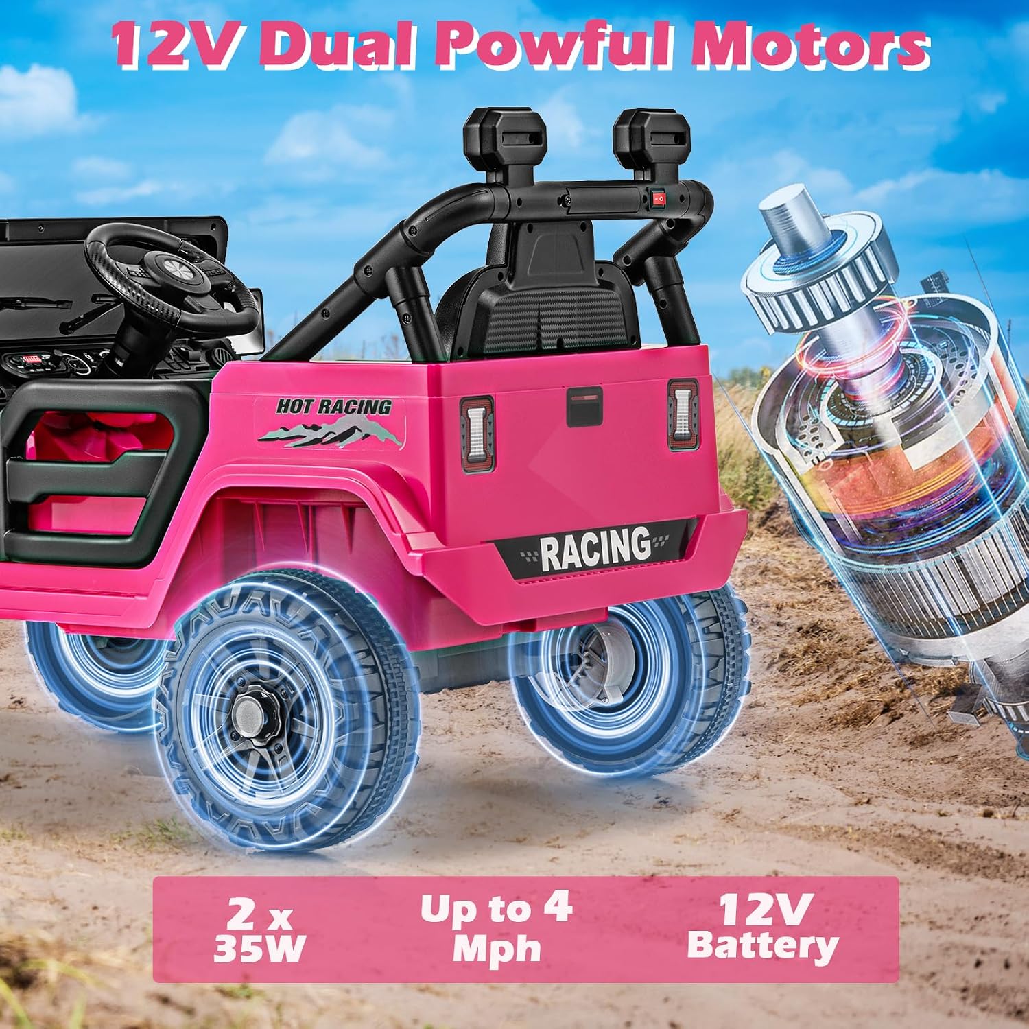 OLAKIDS Ride on Truck, 12V Battery Powered Electric Vehicle for Kids with Remote Control, Bluetooth, Power Display, LED Lights, Music Player, Ride on Toy for 3+ Boys Girls (Pink)