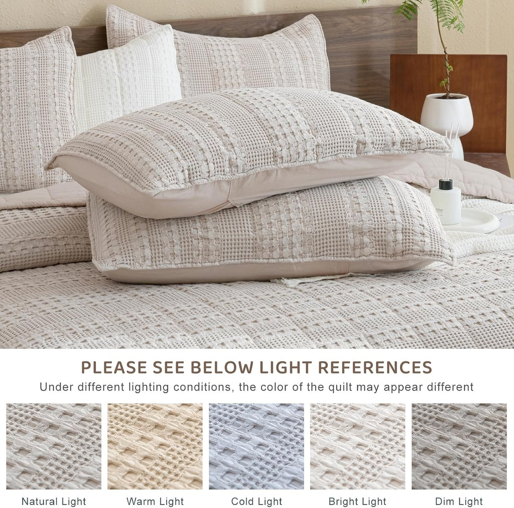 Sanracie Oversized King Quilt (120'x120'), Cotton Oatmeal Colored Waffle Weave Quilted Bedding Set Super Large Soft Bedspread 3Pcs Luxury Aesthetic Coverlet Set for All Season