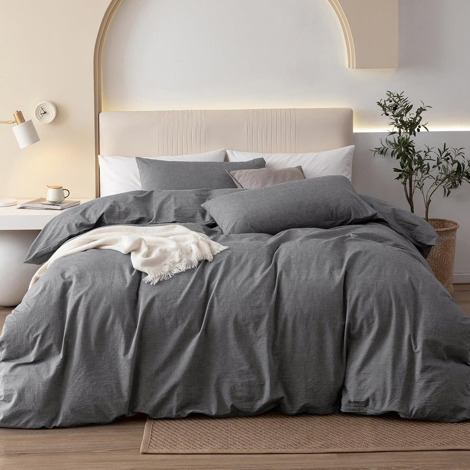 JIYUAN Alaska King Duvet Cover Set, 3-Piece - 100% Washed Cotton, Linen-Like Soft & Breathable with Zipper Closure, Includes 132x120 Inch Cover & 2 Pillowcases, Heathered Dark Grey