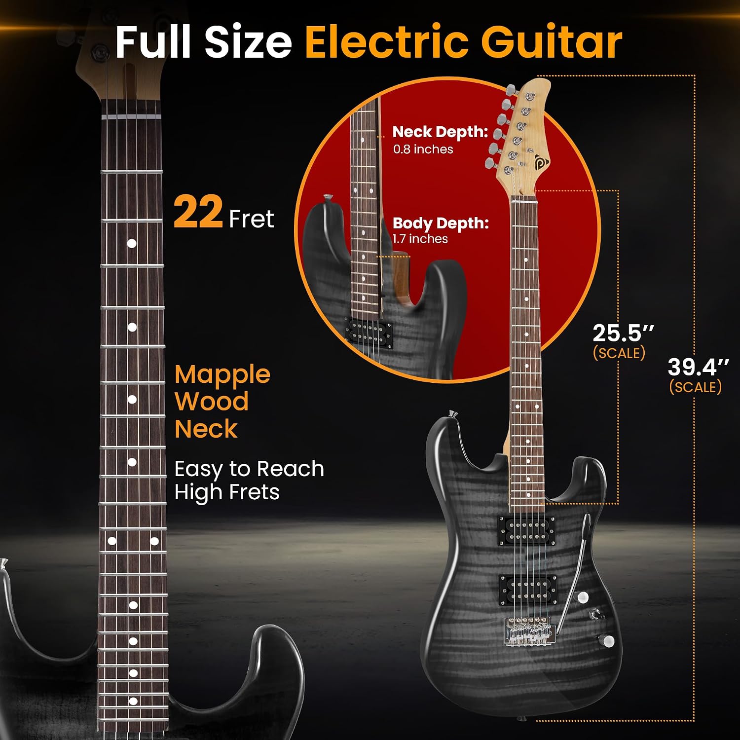 Pyle Electric Guitar Kit with Amp, Full Size Instrument with Humbucker Pickups, Guitarra Electrica Amplifier and Beginner Bundle Accessories, 39' Black