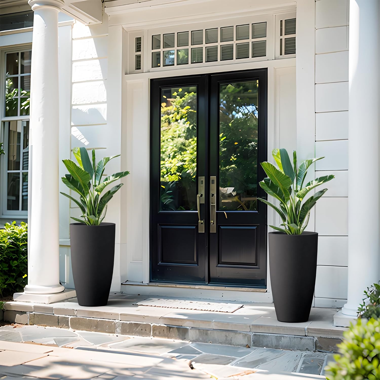 Kante 23.6' H Black Tall Planters (Set of 2), Large Outdoor Indoor Decorative Plant Pots with Drainage Hole and Rubber Plug, Modern Style for Home and Garden