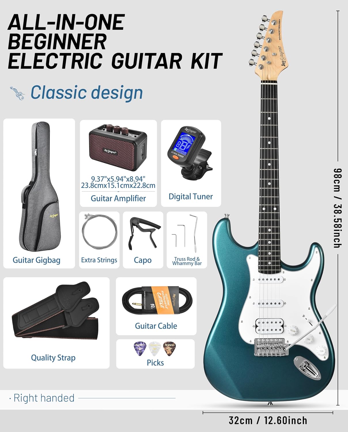 Leo Jaymz Beginner Electric Guitar 39' Kit with Portable Amplifier, Padded Gig Bag, Digital Tuner，Capo，Strap，Picks，HSS Pickups (Teal-HSS)