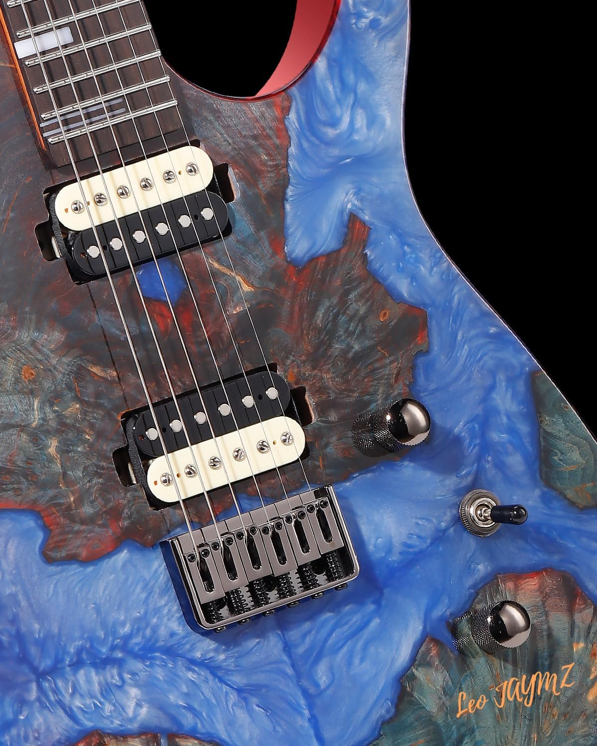 Leo Jaymz Electric Guitar Hurricane Deluxe Series, Burl Top, Mahogany Body, Roasted Maple Neck, Rosewood Fretboard, Locking Tuners, Rounded Frets, Case(Blue Colorful Deluxe)