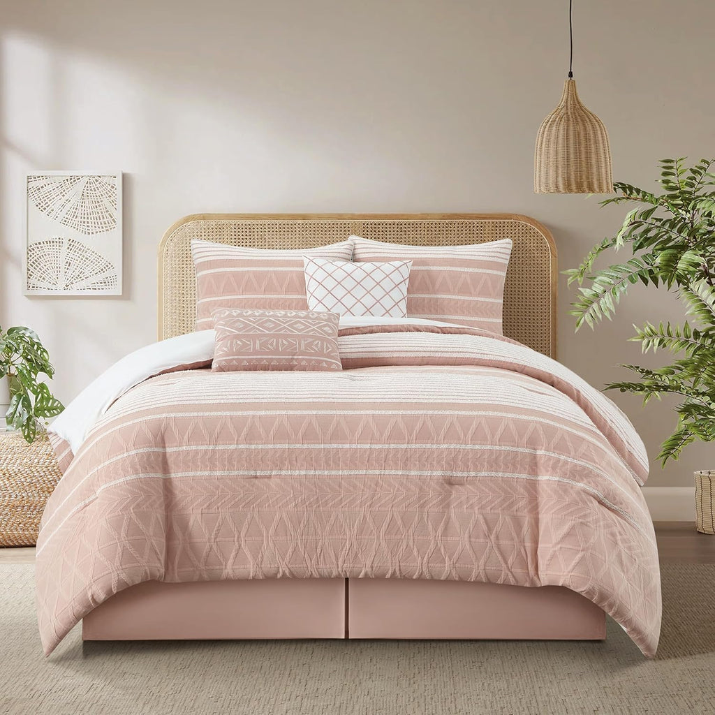 Grand Avenue Cotton King Size Comforter Set, 6 Piece, Blush Geometric Jacquard Bedding Set, Bedskirt, Pillows & Shams, Home Decor