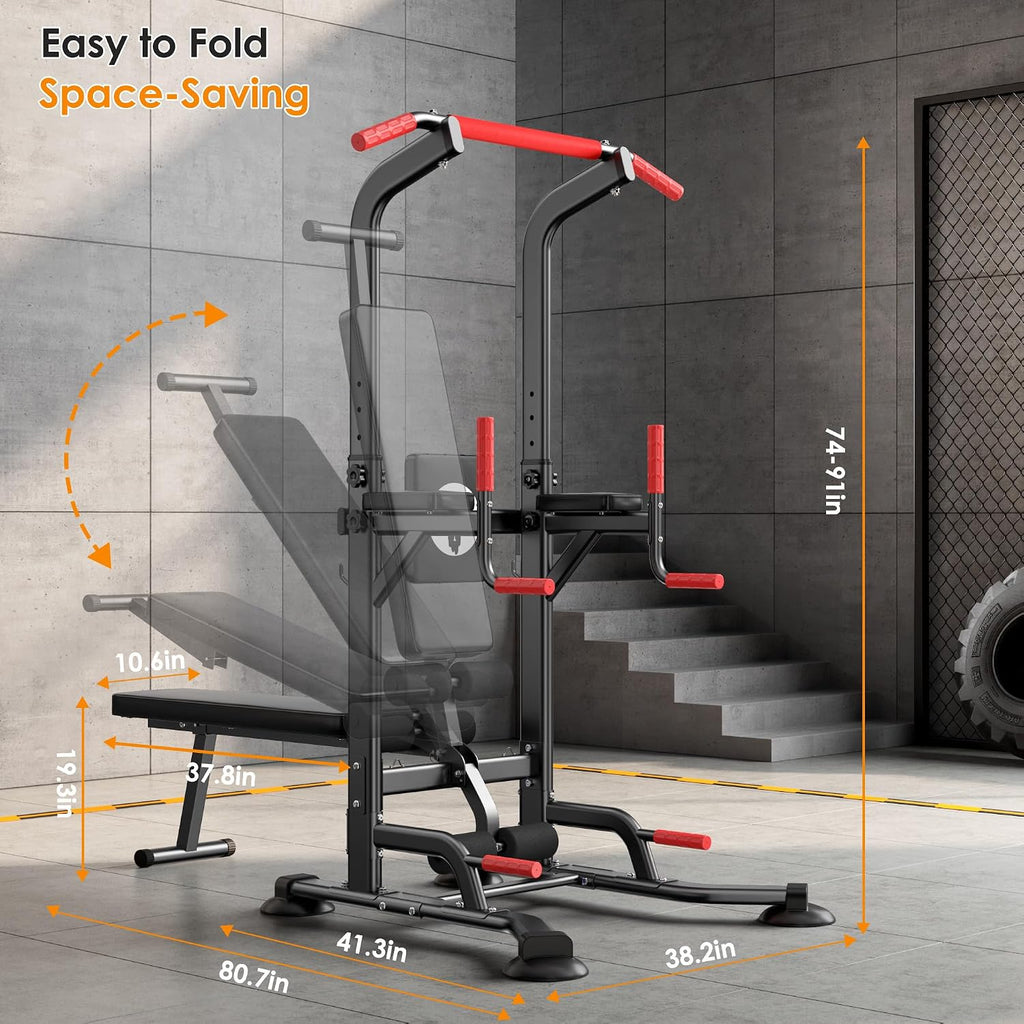 soges Pull Up Bar Dip Station, Power Tower with Folding Dumbbell Bench & Backrest, Adjustable Height Pull Up Bar Stand, Multi-Function Home Gym Strength Training Fitness Equipment 330LBS