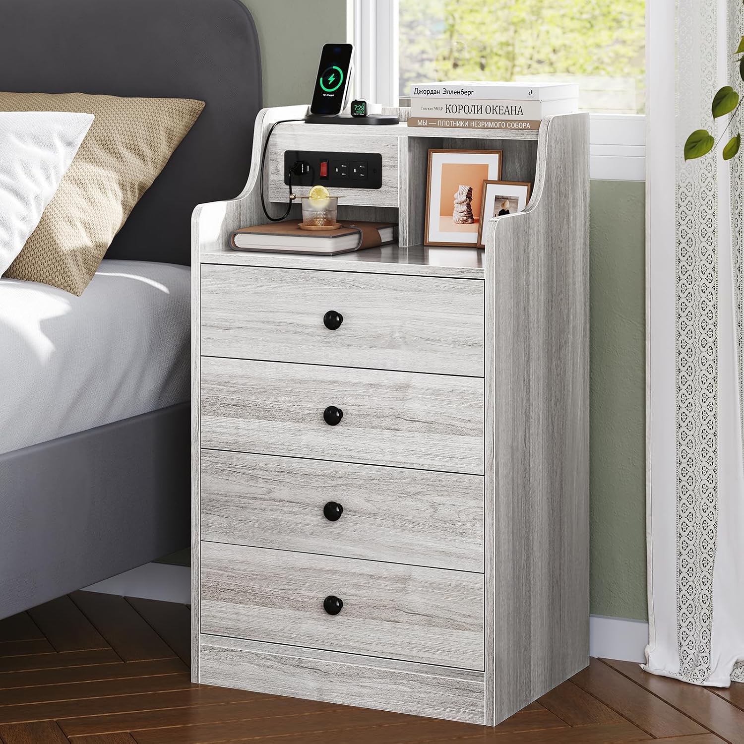 ADORNEVE Night Stand Set 2,Grey Nightstand with Charging Station & Hutch,Night Stands for Bedrooms Set of 2,Bedside Table with 4 Drawers