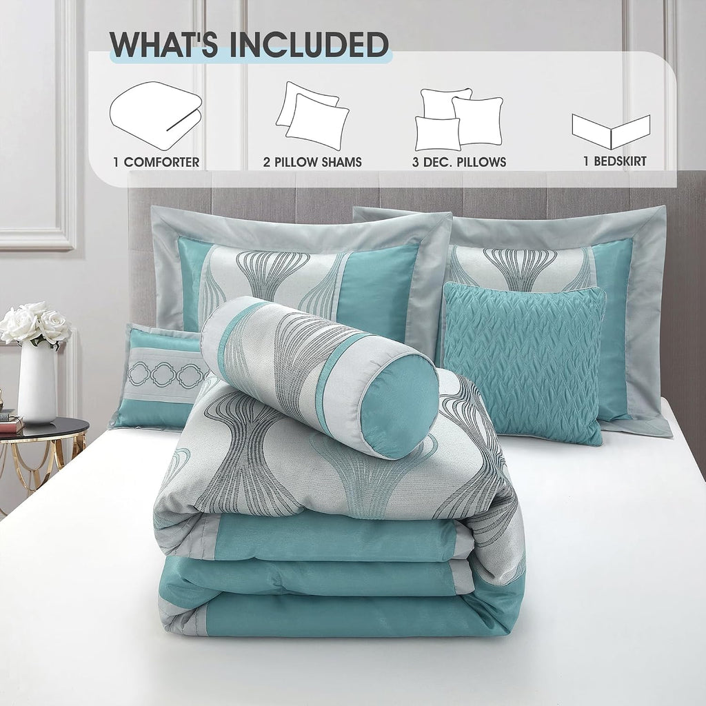 LANCO MODERN LIFESTYLE California King Comforter Set, Blue, 7 Pieces in a Bag, Ultra Soft Jacquard with Solid Piecework, Luxury Bed Set with Comforters, Bed Skirt, Pillow Shams and Decorative Pillows