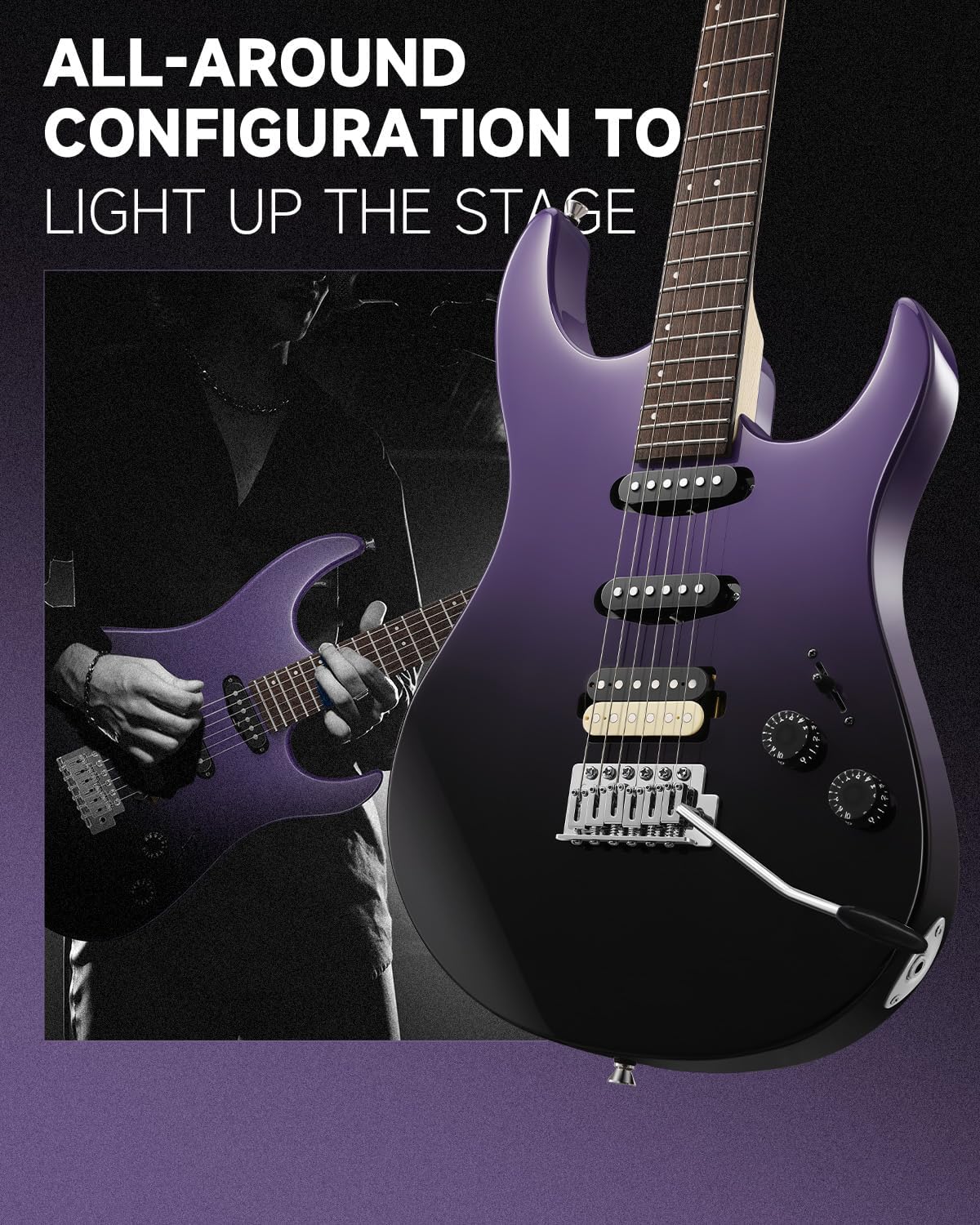 Donner DMT-66 Solid Body Electric Guitar Kit for Beginners, Full Size 39' Electric Guitar with HSS Pickups, Poplar Body, Maple Neck, Starter Guitar with Gig Bag, Strap, Whammy Bar Arm, Purplish Black