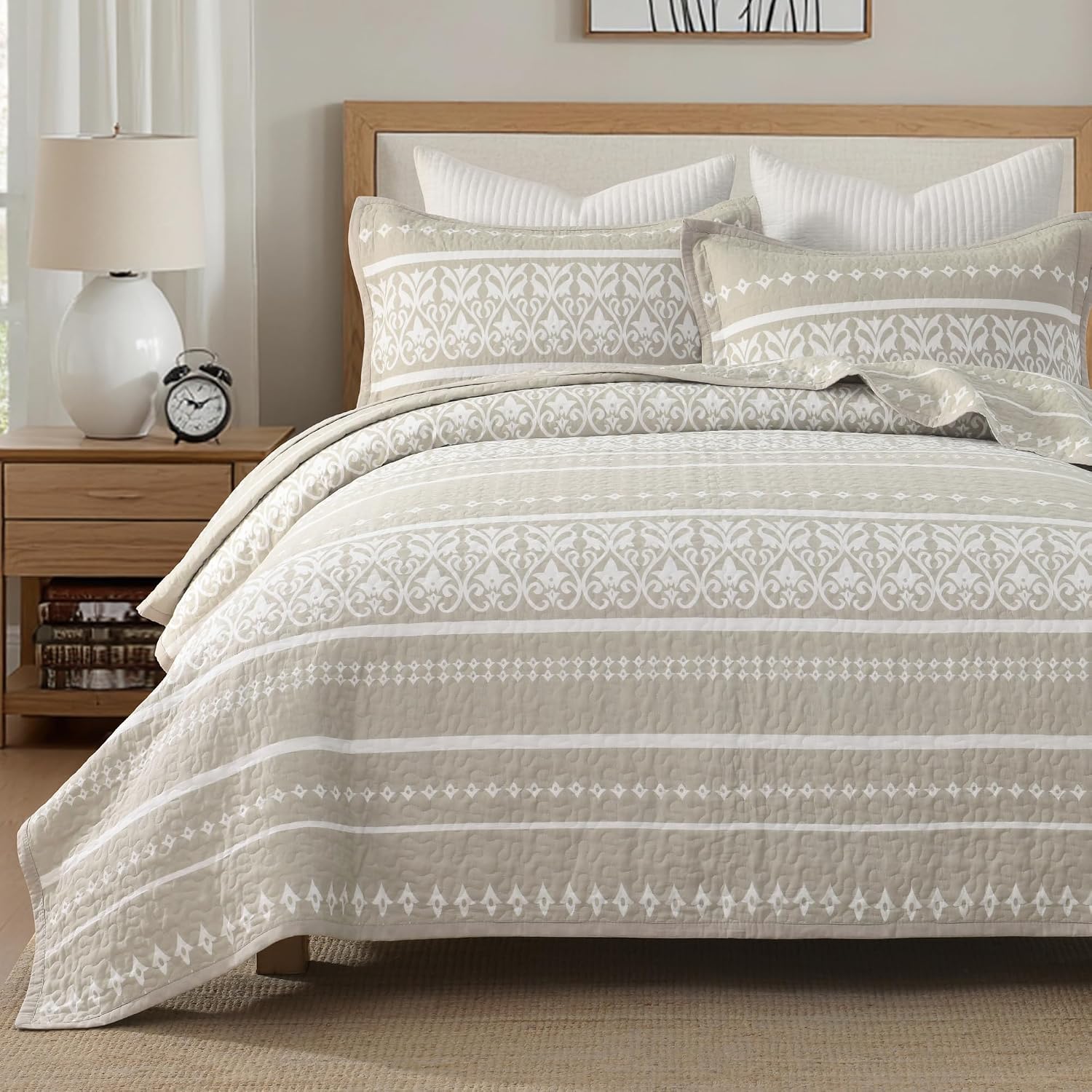 100% Cotton Quilt Set King Size - Beige and White Boho Quilt Bedding Set - Bohemian Striped Quilt Set with 2 Shams - All-Season Lightweight Coverlet & Bedspread 3 Piece