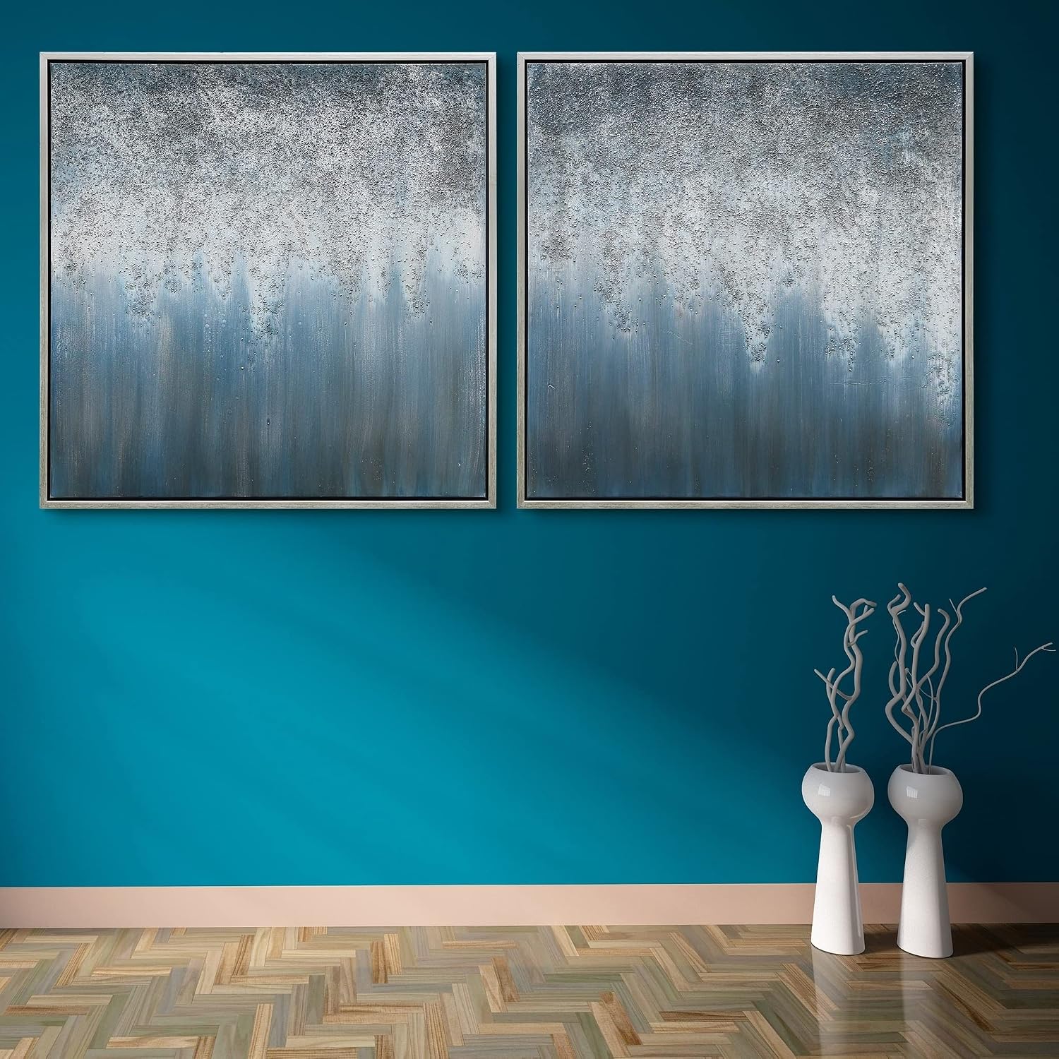 Empire Art Direct Abstract Wall Art Textured Hand Painted Canvas by Martin Edwards, Diptych, 36' x 36' each, Blue Rain