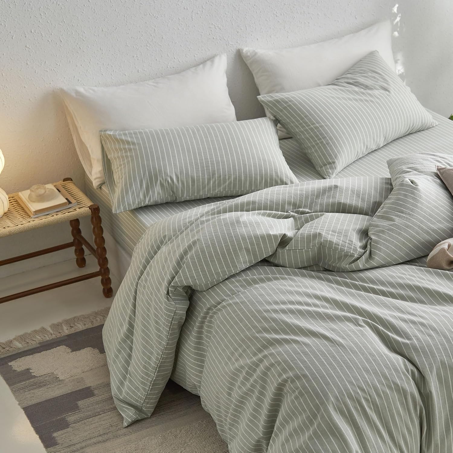MooMee Striped Duvet Cover Set 100% Washed Cotton Linen Like Textured Breathable Durable Soft Comfy (Sage Green White Wide Stripes, Oversized King Plus 128'x120')
