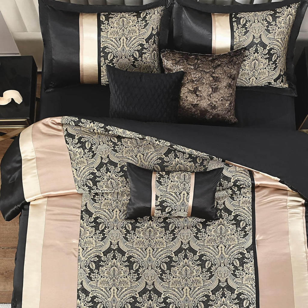 CozyDH Black Gold Jacquard Comforter Set - 7 Piece Queen Luxury Damask Floral Patchwork, All Season Down Alternative Silky Bedding Bed in a Bag with Bed Skirt, Shams, Decorative Pillows, 90x90 in