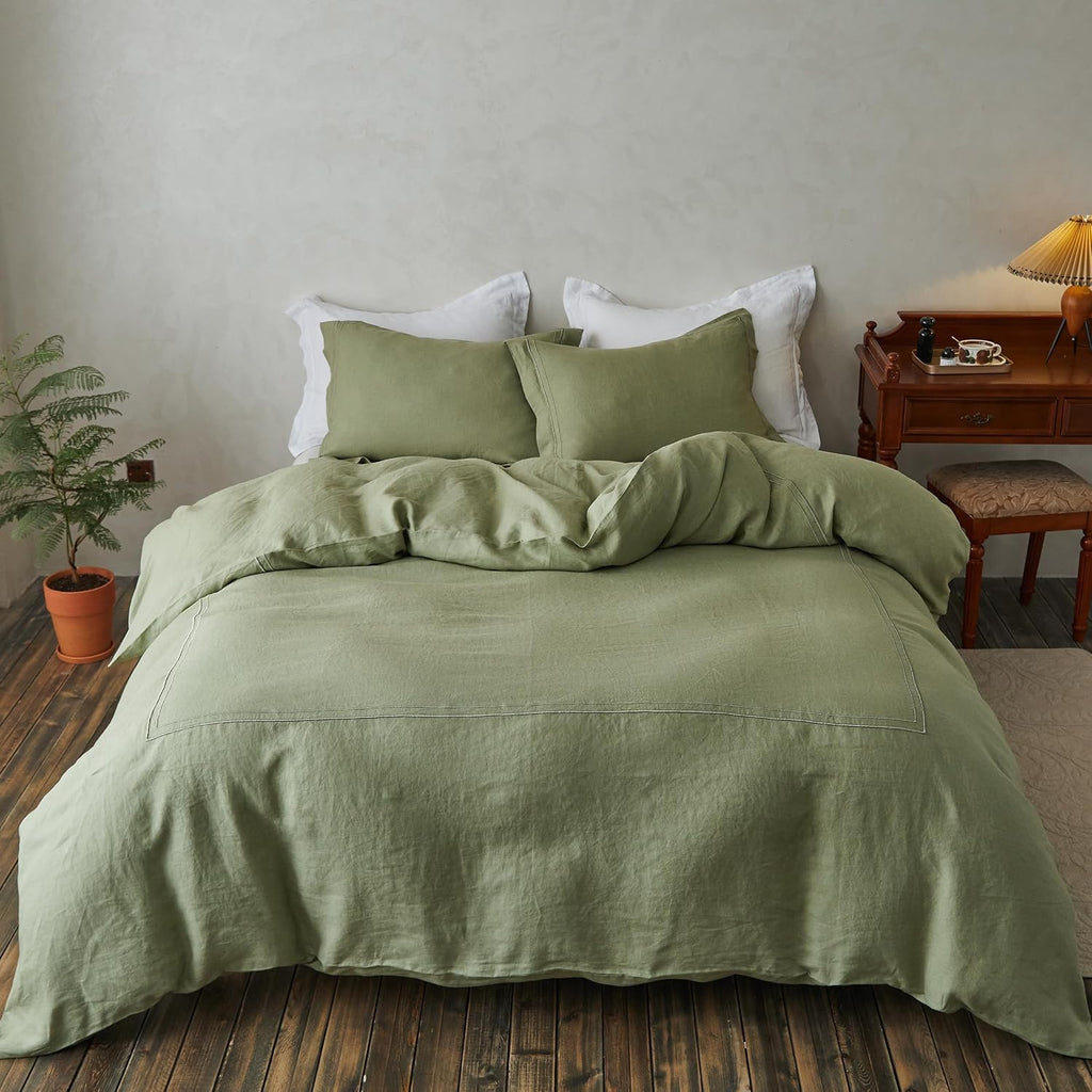 Simple&Opulence 100% Washed Linen Duvet Cover Set 104'x92' - 3 Pieces Soft Farmhouse Comforter Set Double Embroidered with Button Closure - 1 Duvet Cover and 2 Pillowshams (Sage Green, King)