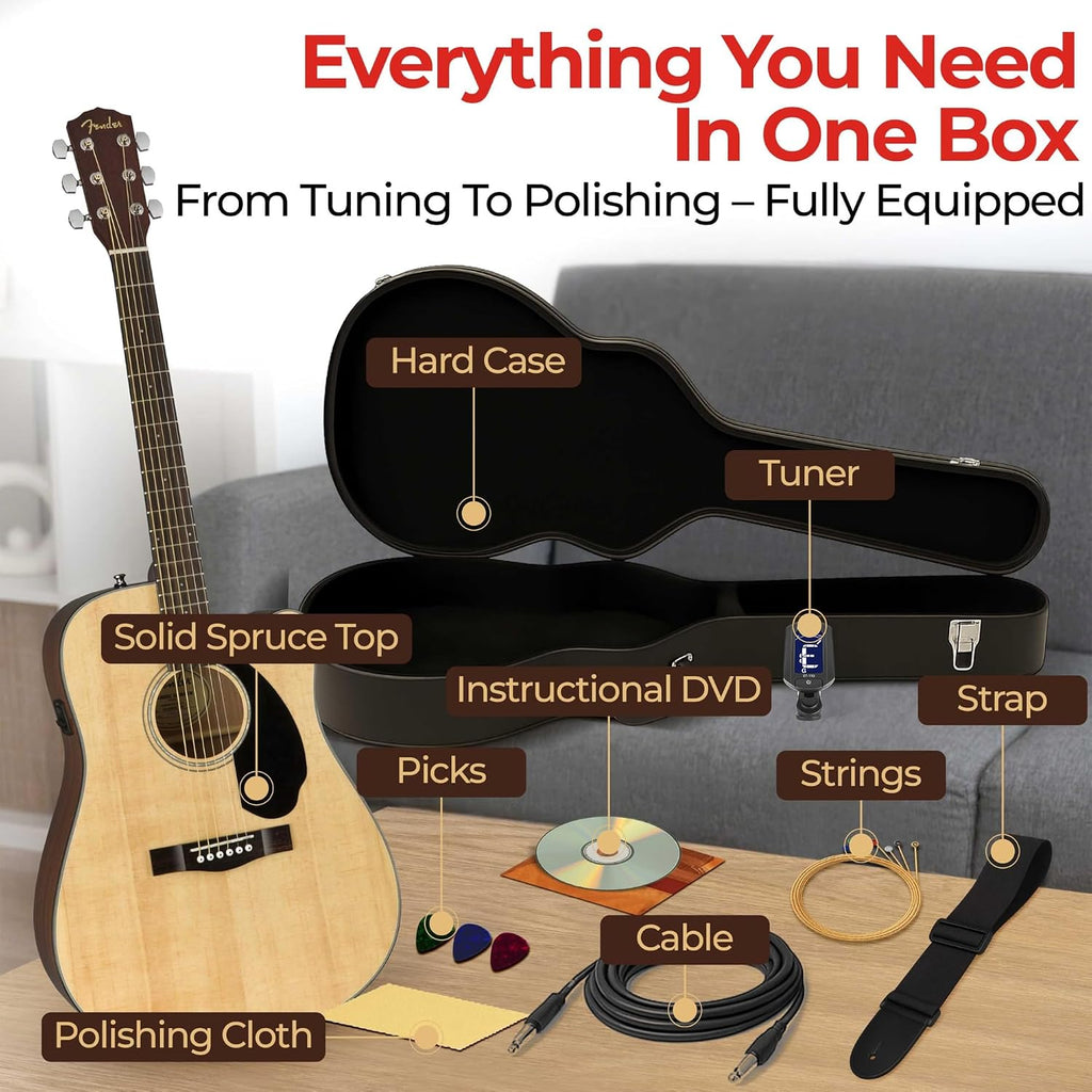 Fender CD-60SCE Solid Top Dreadnought Acoustic-Electric Guitar - Natural Bundle with Hard Case, Instrument Cable, Tuner, Strap, Strings, Picks, Austin Bazaar Instructional DVD, and Polishing Cloth