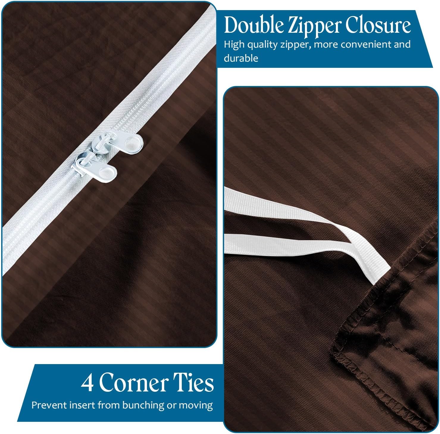 800TC 3 Sided Zipper Duvet Cover Set Soft Egyptian Cotton 3 Sided Zipper Closure, 3 PCS 1-Duvet Cover & 2- Pillow Shams - King-XL Size (98' x 116') Inches, (Chocolate Stripe)