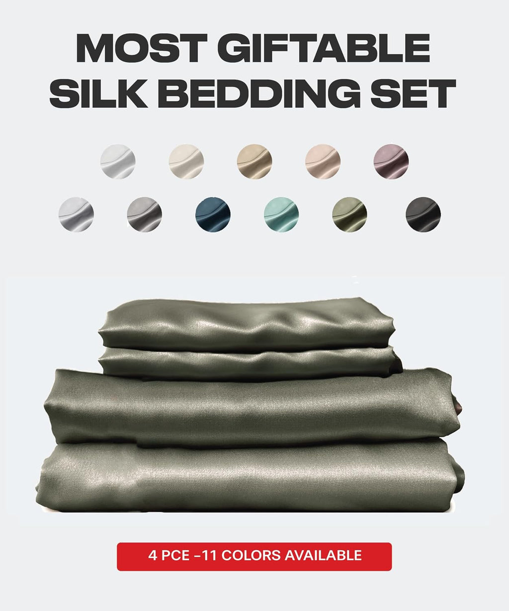 Colorado Home Co SUNDAYSILKS™ | 100% Mulberry Silk Bed Sheets | 4PC Mulberry Silk Sheets King Size | Soft & Durable | Grade 6A Organic Real Silk Sheets Set | Sábanas de Seda [Olive]