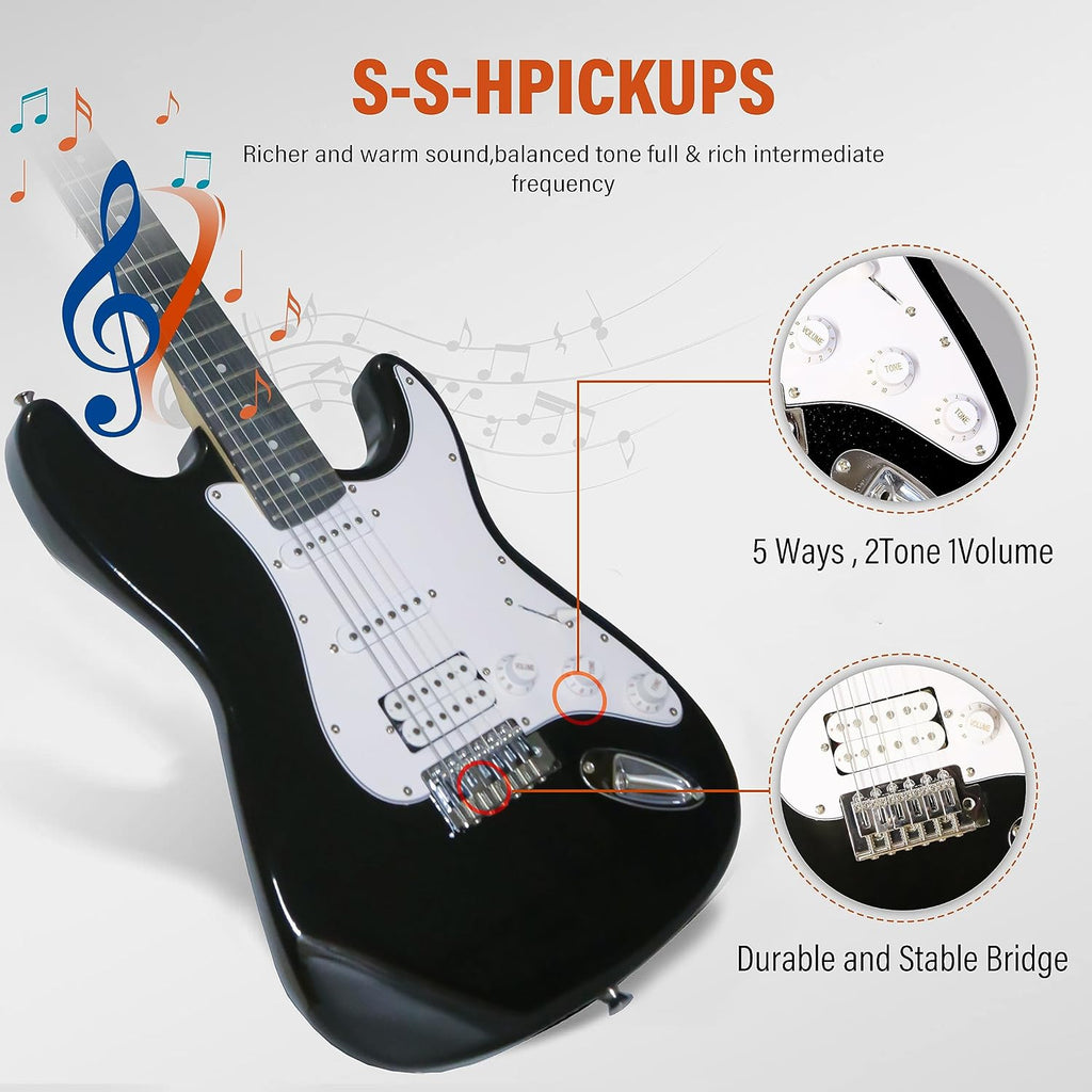 Ermik Solid Body Electric Guitar Kit with Amp 20W, Strings, Strap, Digital Tuner, Picks, Gig Bag, Cable, Tremolo Bar, 39' Full Size Guitar HSS Pickups Guitarra Electrica Beginner Gift - Black
