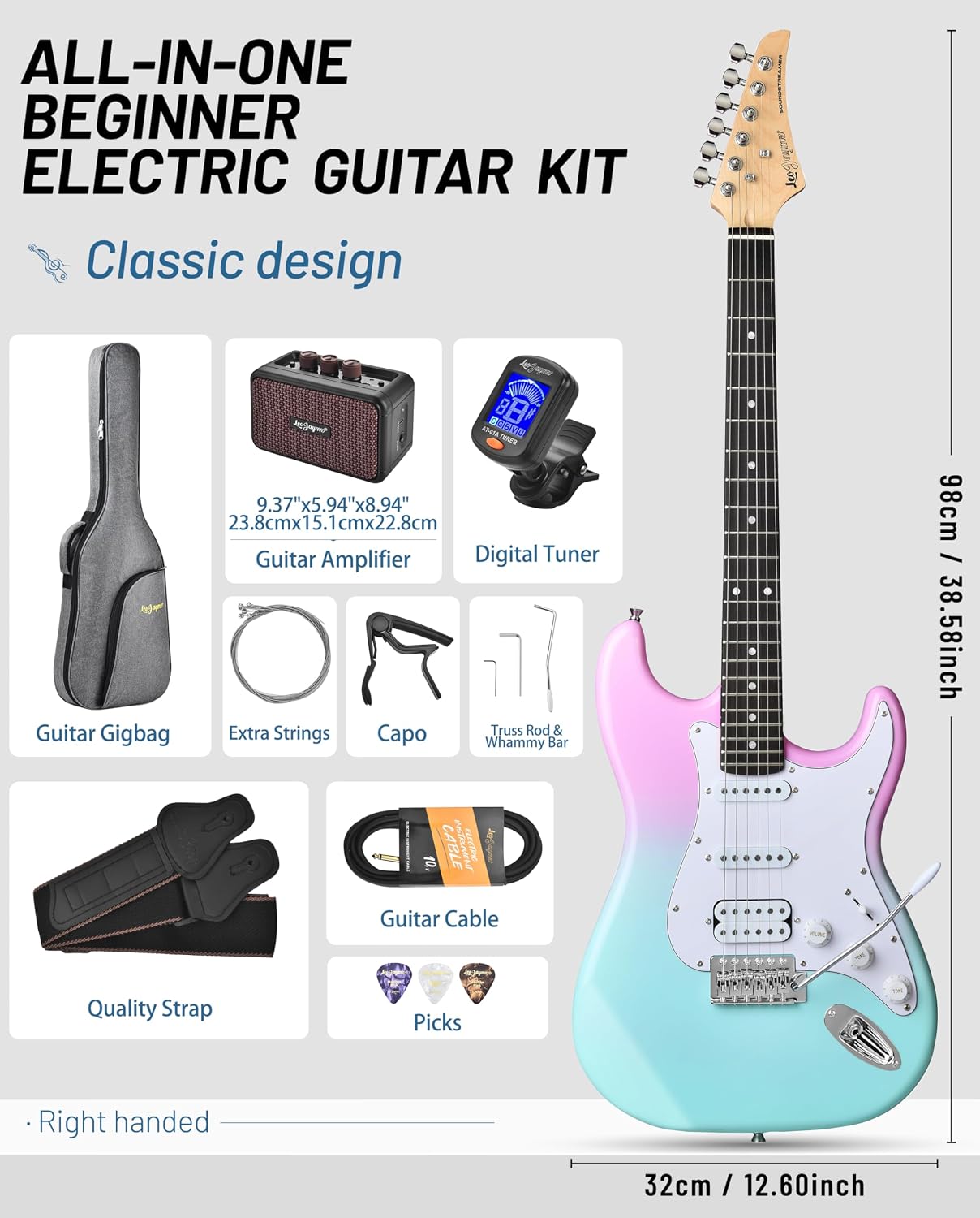 Leo Jaymz Beginner Electric Guitar 39' Kit with Portable Amplifier, Padded Gig Bag, Digital Tuner，Capo，Strap，Picks，HSS Pickups (Pink-Cyan Fade-HSS)