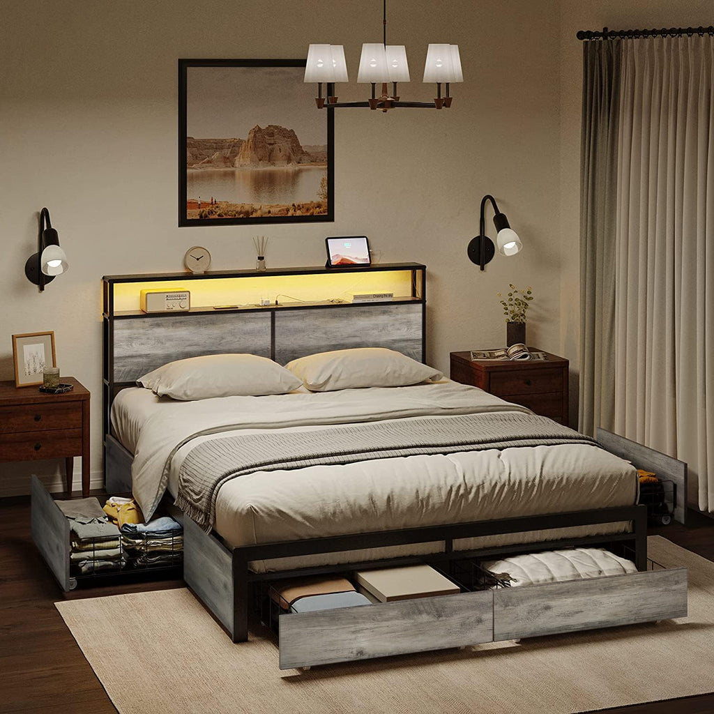 HAUSOURCE LED Bed Frame Full Size with Headboard & 4 Storage Drawers Platform Bed Frame with 2 Charging Outlets and 2 USB Ports Strong Metal Slats Support No Box Spring Needed,Greige