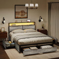 HAUSOURCE LED Bed Frame Full Size with Headboard & 4 Storage Drawers Platform Bed Frame with 2 Charging Outlets and 2 USB Ports Strong Metal Slats Support No Box Spring Needed,Greige