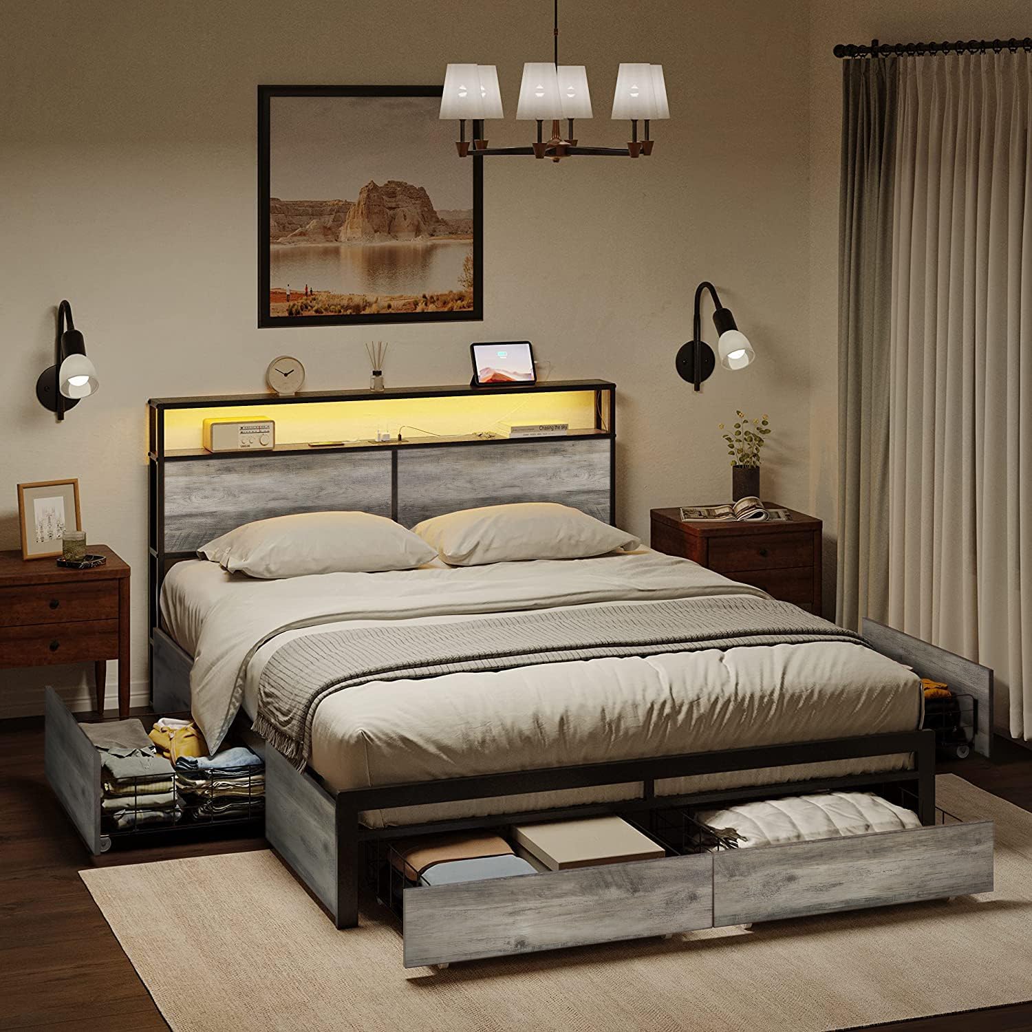 HAUSOURCE LED Bed Frame Full Size with Headboard & 4 Storage Drawers Platform Bed Frame with 2 Charging Outlets and 2 USB Ports Strong Metal Slats Support No Box Spring Needed,Greige