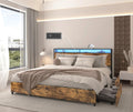 King Bed Frame with 4 Storage Drawers, LED Bed Frame Storage with Headboard and Charging Station, Solid and Stable, Noise Free, No Box Spring Needed, Easy Assembly, Rustic Brown