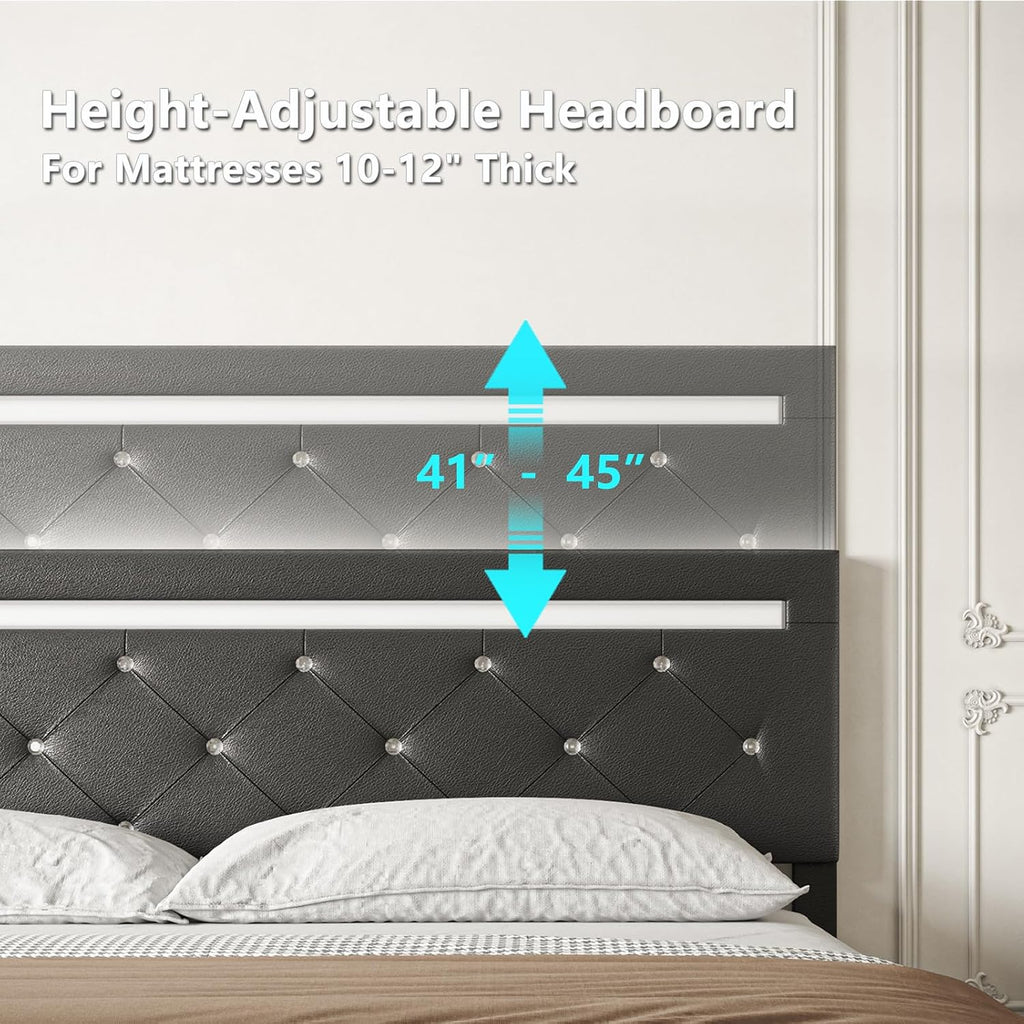 Bed Frame Full Size with Storage Drawers and LED Light, 2 Sockets and 2 USB Ports, Adjustable Headboard with PU Leather Upholstered, No Box Spring Needed, Wooden Slats Support, Black.