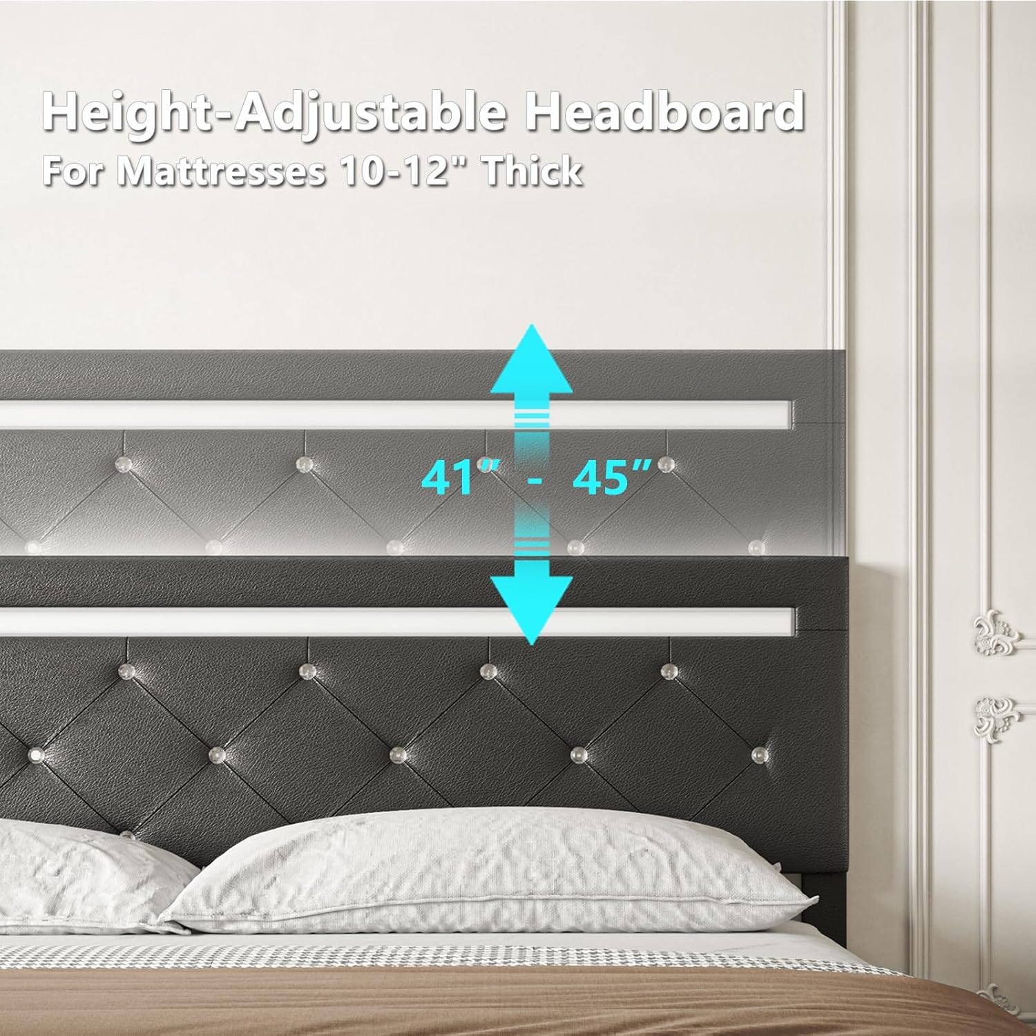 Bed Frame Queen Size with LED Light and Storage Drawers, Adjustable Headboard with PU Leather Upholstered, 2 Sockets and 2 USB Ports, No Box Spring Needed, Wooden Slats Support, Black
