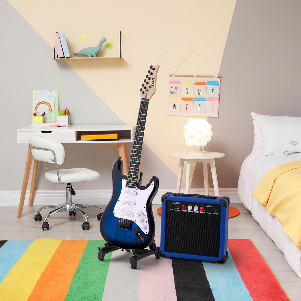 LyxPro 36 Inch Electric Guitar and Kit for Kids with 3/4 Size Beginner's Guitar, Amp, Six Strings, Two Picks, Shoulder Strap, Digital Clip On Tuner, Cable and Soft Case Gig Bag - Blue