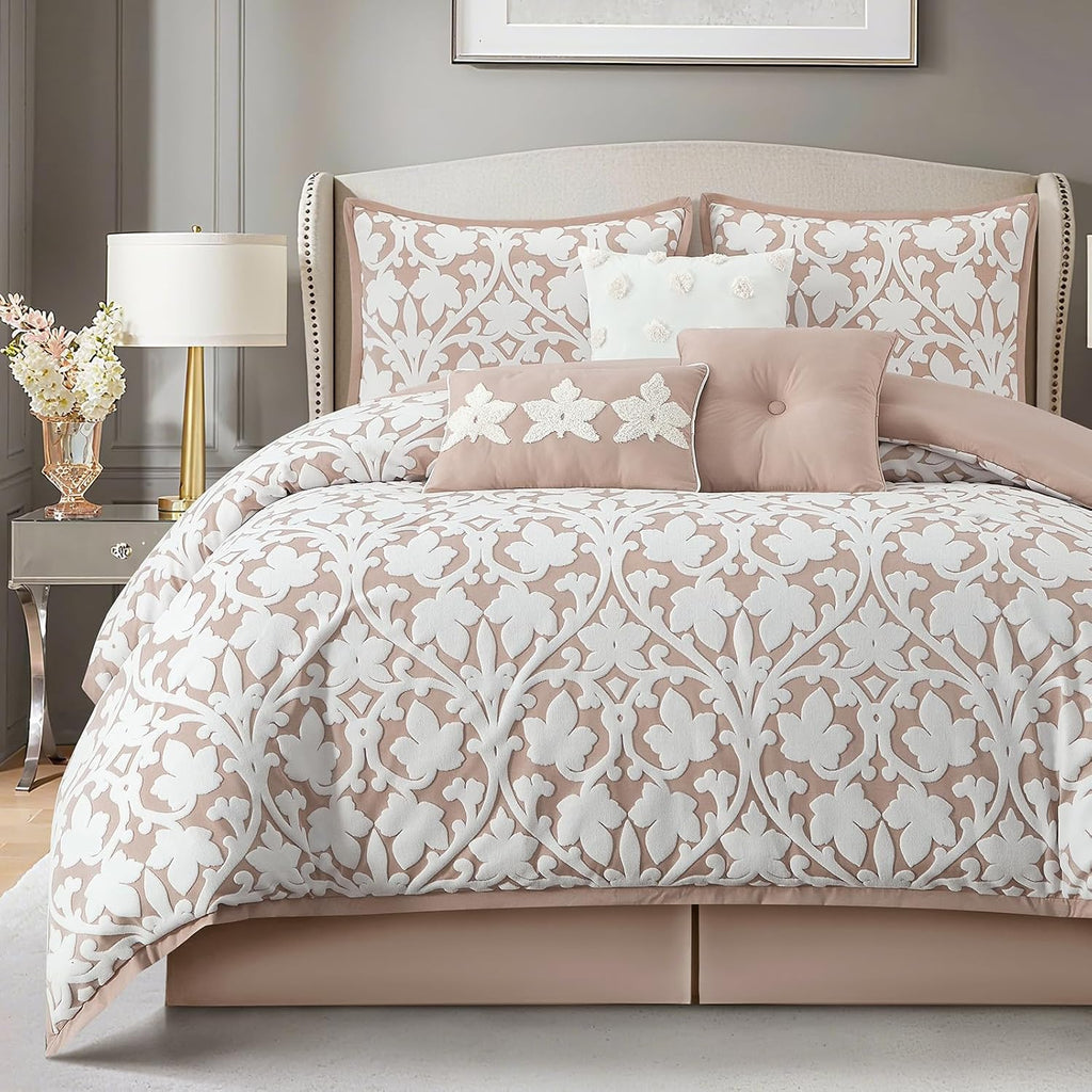 LANCO MODERN LIFESTYLE 7 Pieces Comforter Set, King, Blush, Jacquard Floral Pattern and Classy Damask Medallion Design, Ultra Soft, Includes Bed Skirt, Shams, and Decorative Pillows