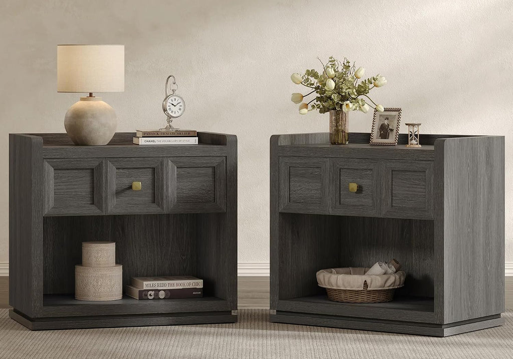 SICOTAS Night Stand Set 2, 26' Wide Nightstands with Drawer, Large Queen Size Nightstands Set of 2, Modern Bedside Table for Bedroom, Side End Table (Dark Grey Oak, 26-Inch)