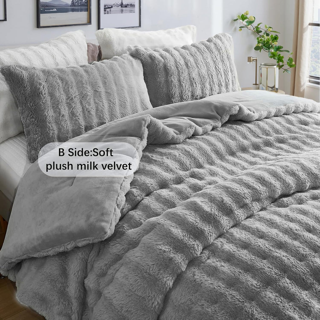 Bedbay Faux Fur Comforter Set King Size Plush Grey Fluffy Comforter Luxury Rabbit Fur Fuzzy Furry Bedding Set 3 Pieces Soft Warm Shaggy Velvet Reversible Quilt Duvet Set for Boys Girls Kids