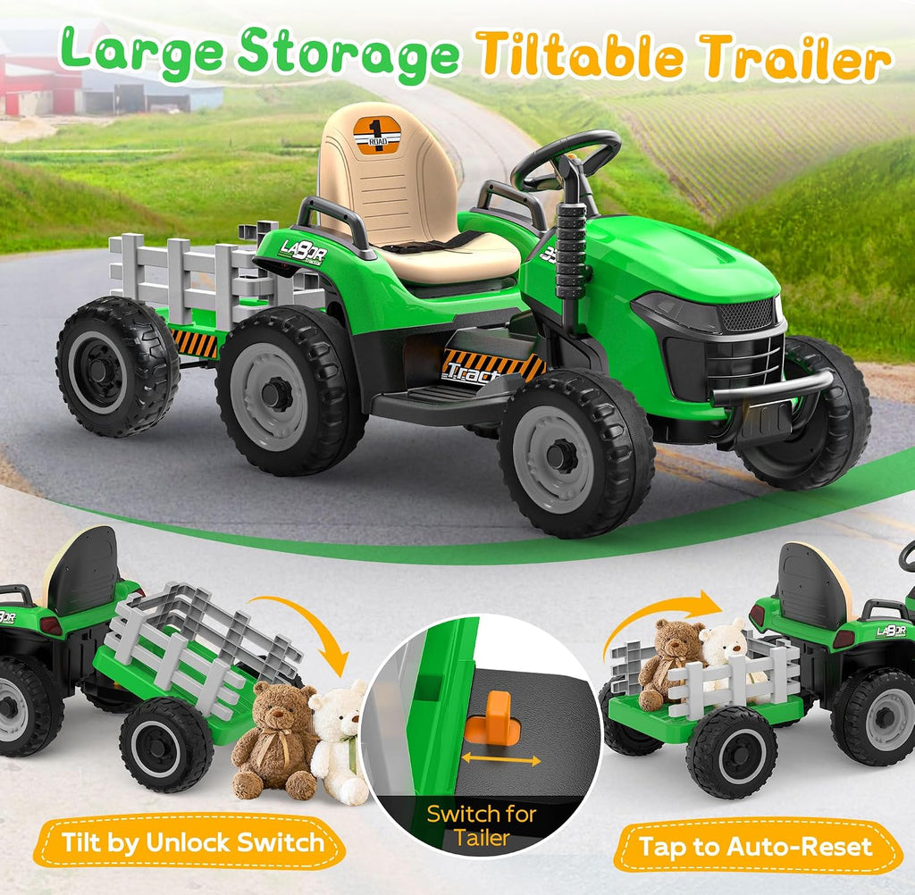 ANPABO 24V Ride On Tractor w/Tiltable & Detachable Trailer, EVA Tires, Up to 4.3Mph, Ride On Toys with Parental Remote, Realistic Tractor Sound & Chimney, Music Player, LED Light, Green