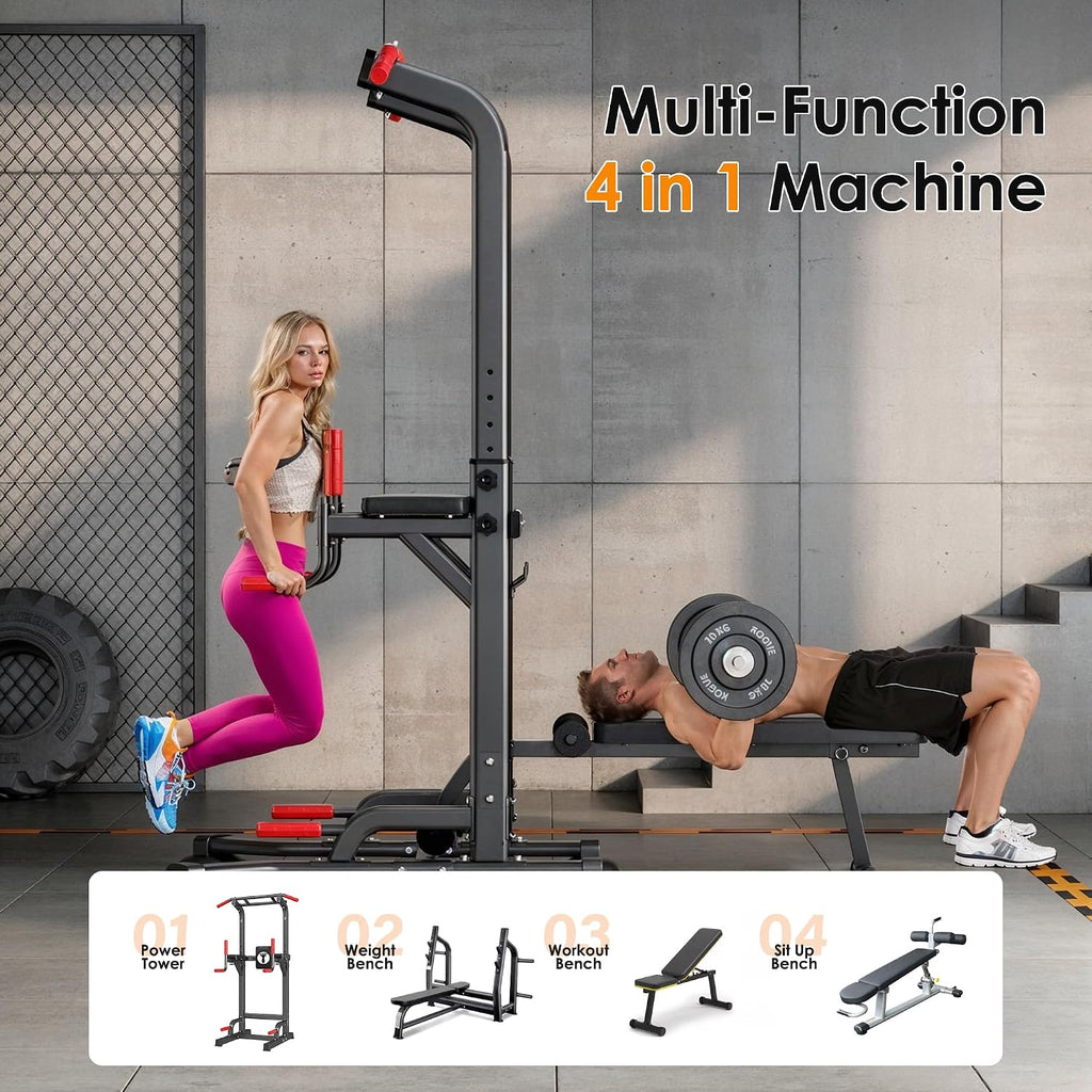 soges Pull Up Bar Dip Station, Power Tower with Folding Dumbbell Bench & Backrest, Adjustable Height Pull Up Bar Stand, Multi-Function Home Gym Strength Training Fitness Equipment 330LBS