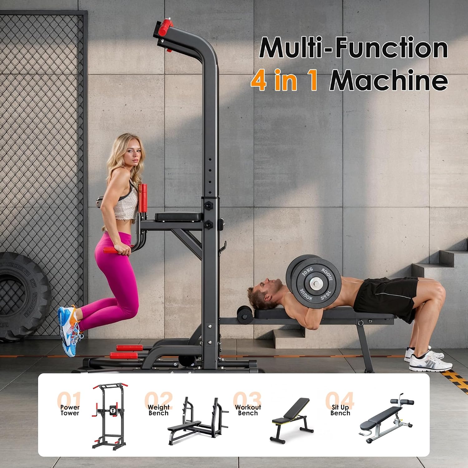 soges Pull Up Bar Dip Station, Power Tower with Folding Dumbbell Bench & Backrest, Adjustable Height Pull Up Bar Stand, Multi-Function Home Gym Strength Training Fitness Equipment 330LBS