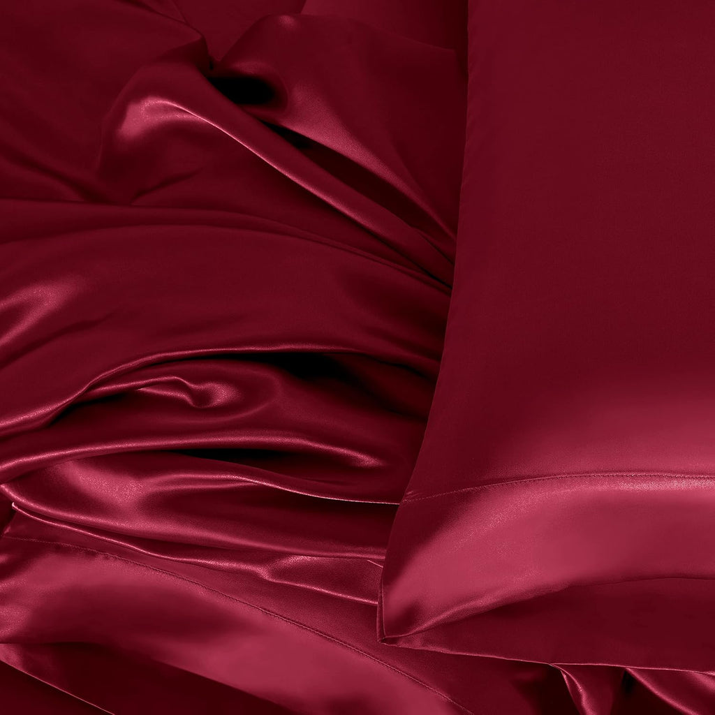 Twin XL Size 4-Piece Sheet Set Premium 30 Momme Mulberry Silk Bed Sheets Set Fits 23-26' Deep Pocket (Solid, Burgundy)