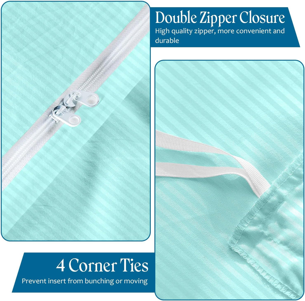 800TC 3 Sided Zipper Duvet Cover Set Soft Egyptian Cotton 3 Sided Zipper Closure, 3 PCS 1-Duvet Cover & 2- Pillow Shams - King-XL Size (98' x 116') Inches, (Aqua Blue Stripe)