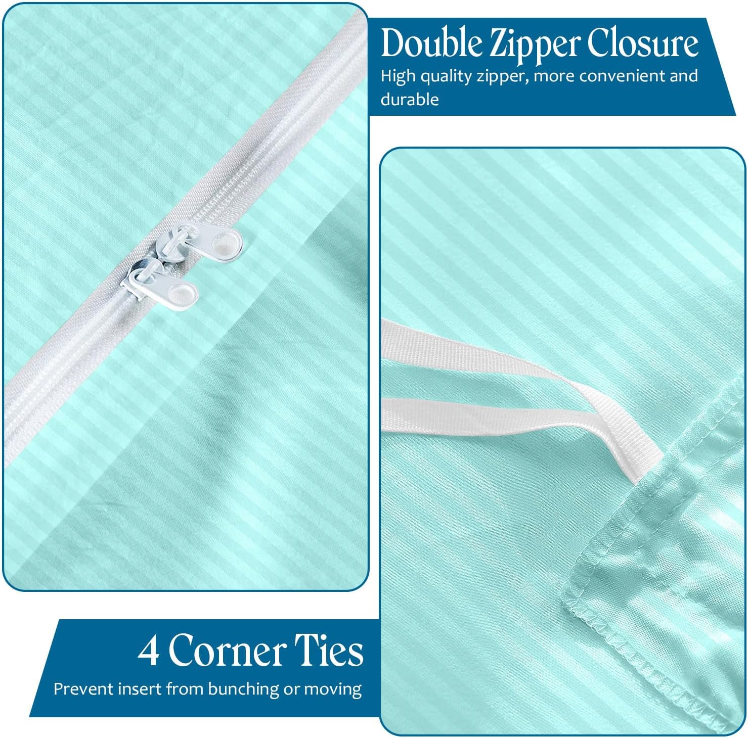 800TC 3 Sided Zipper Duvet Cover Set Soft Egyptian Cotton 3 Sided Zipper Closure, 3 PCS 1-Duvet Cover & 2- Pillow Shams - King-XL Size (98' x 116') Inches, (Aqua Blue Stripe)