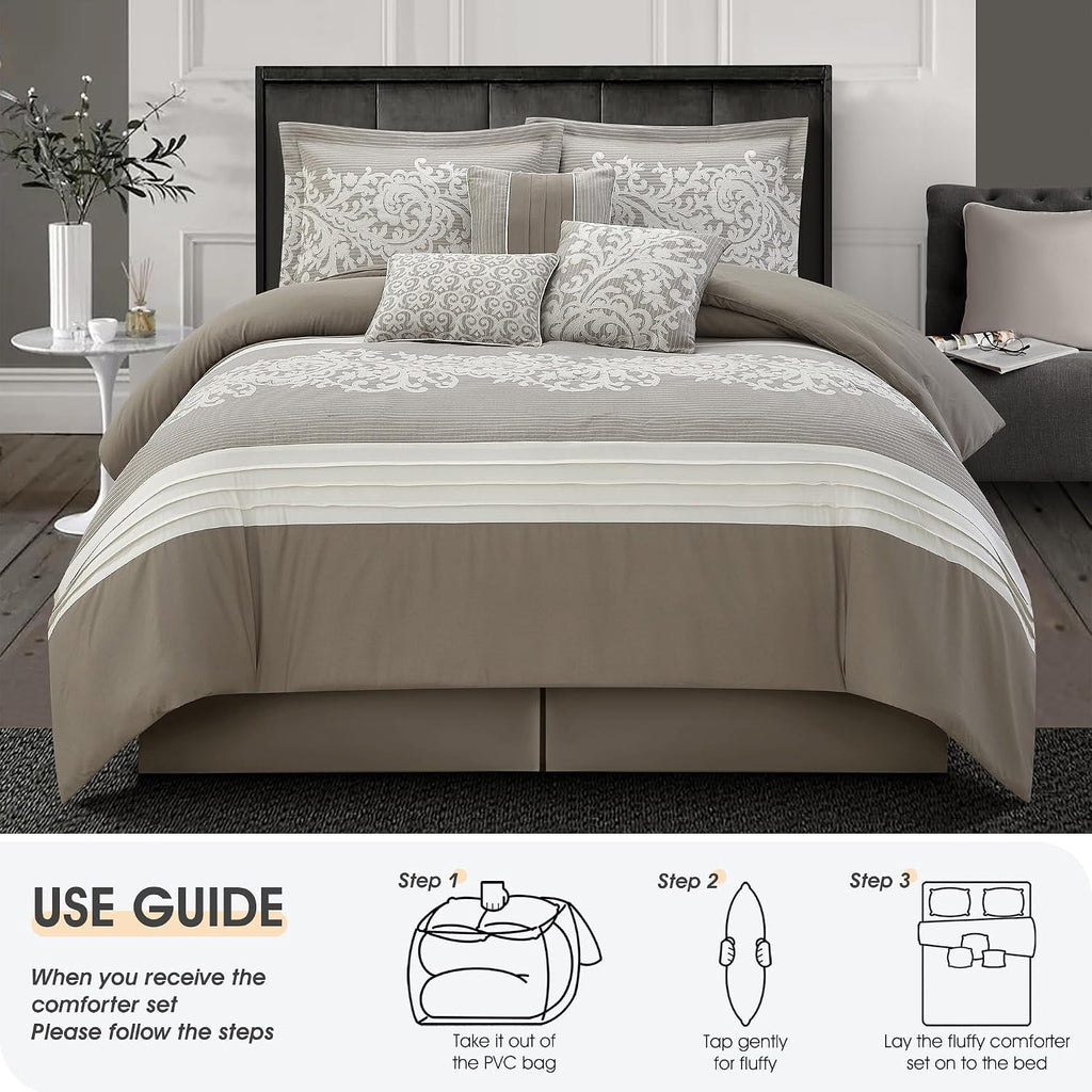 LANCO MODERN LIFESTYLE Taupe Comforter Set, King, Damask Jacquard with Matching Solid Piece Work, 7 Piece Soft Bedding Set for All Season, Bed Skirt, Pillow Shams and Decorative Pillows