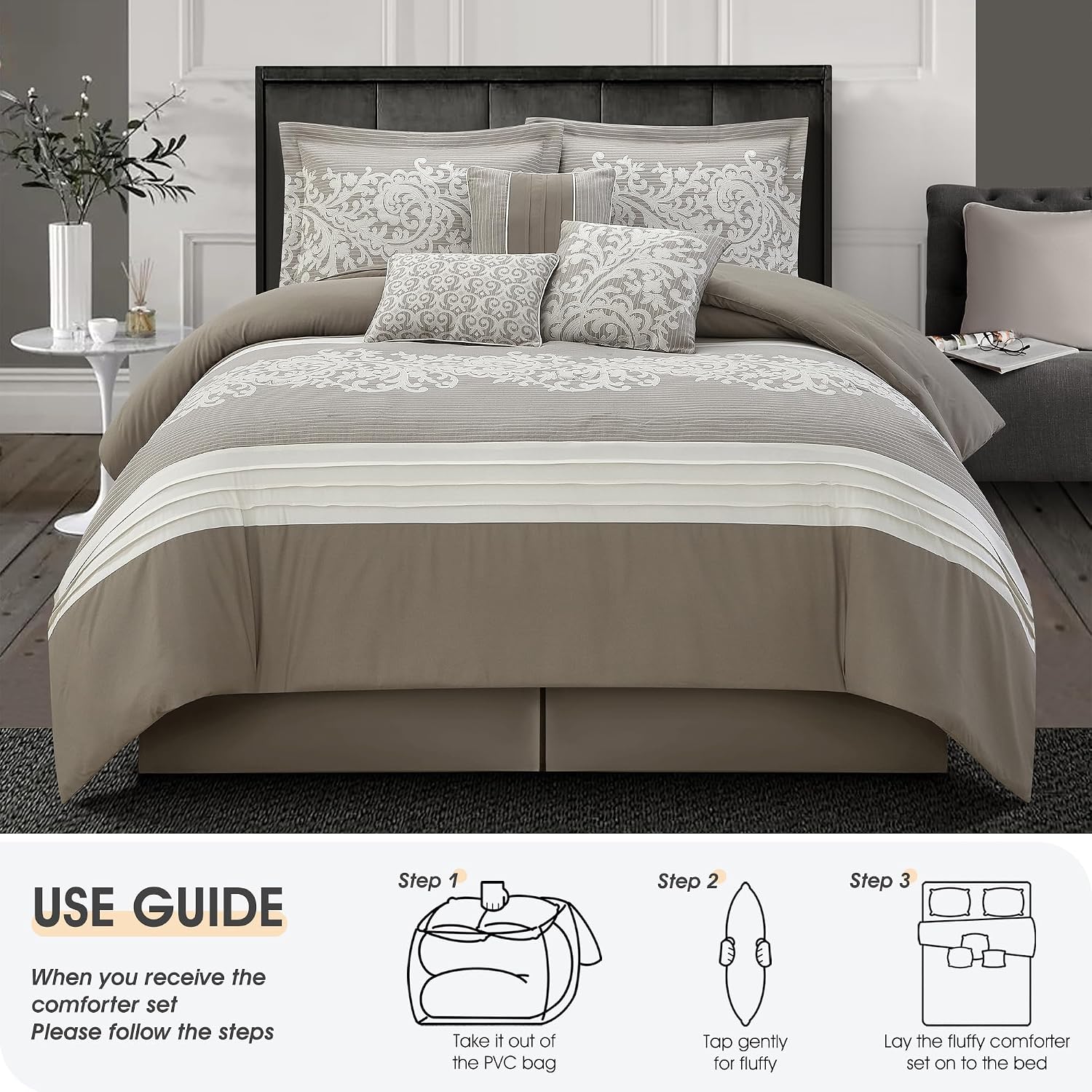 LANCO MODERN LIFESTYLE Taupe Comforter Set, King, Damask Jacquard with Matching Solid Piece Work, 7 Piece Soft Bedding Set for All Season, Bed Skirt, Pillow Shams and Decorative Pillows