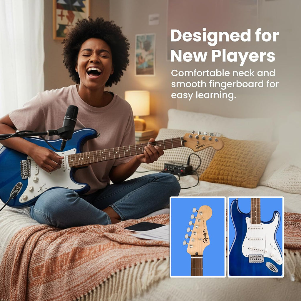 Fender Squier Sonic Stratocaster Pack - Sapphire Blue Transparent Bundle with Frontman 10G Amp, Gig Bag, Instrument Cable, Strap, Tuner, Picks, and Austin Bazaar Instructional DVD