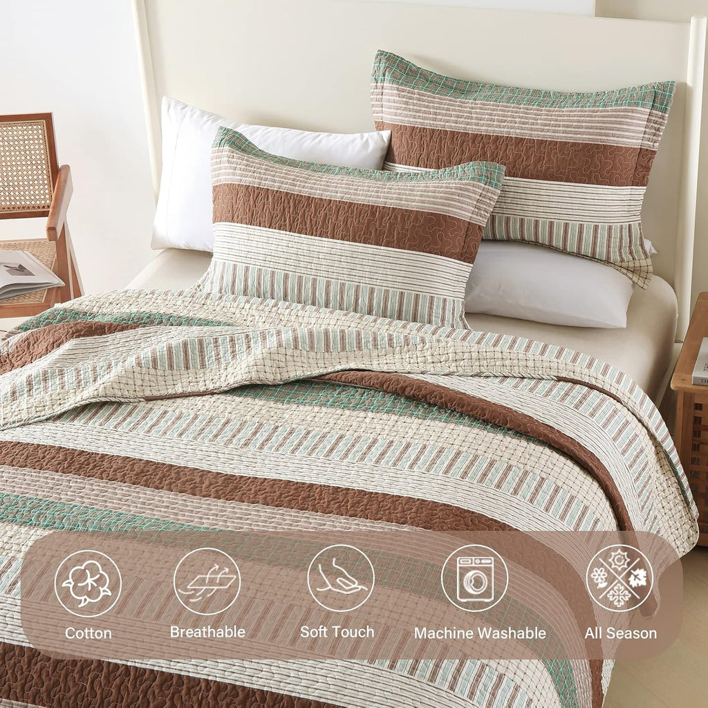 Finlonte 100% Cotton King Size Quilt Set, Patchwork Striped King Quilt Bedding Set Farmhouse Bedspread, Lightweight Quilted Comforter Reversible Bed Spread for All Season, Green/Brown/Beige, 3 Pieces