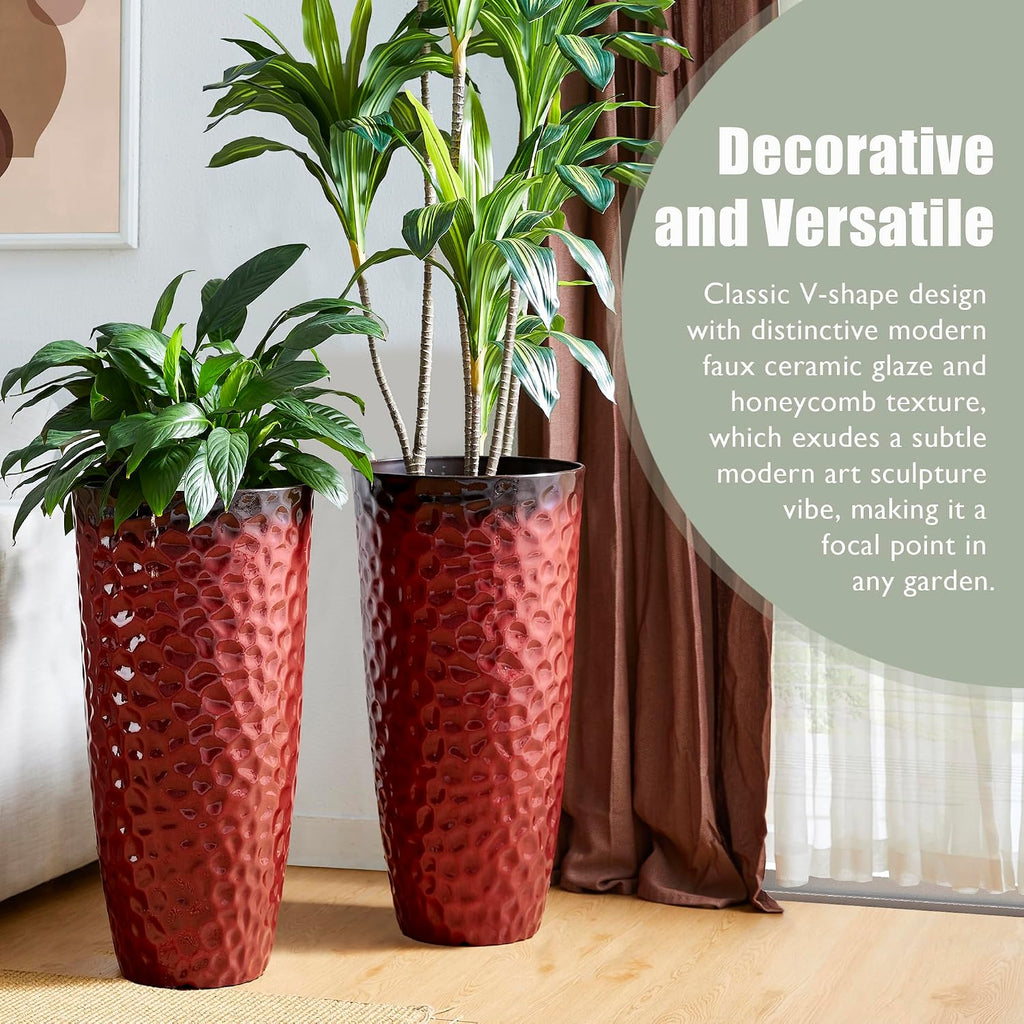 Glitzhome 31' H Large Plastic Tall Planters,Set of 2 Honeycomb Textured Gradient Red Tall Plant Pots with Drainage Holes,Oversized Planters Flower Pots for Indoor Outdoor Front Porch Patio