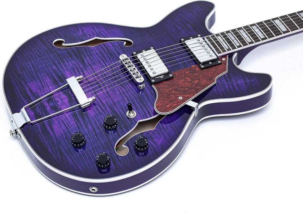 GROTE Jazz Electric Guitar Semi-Hollow Body Trapeze Tailpiece Bridge Guitar Gig Bag (Purple)
