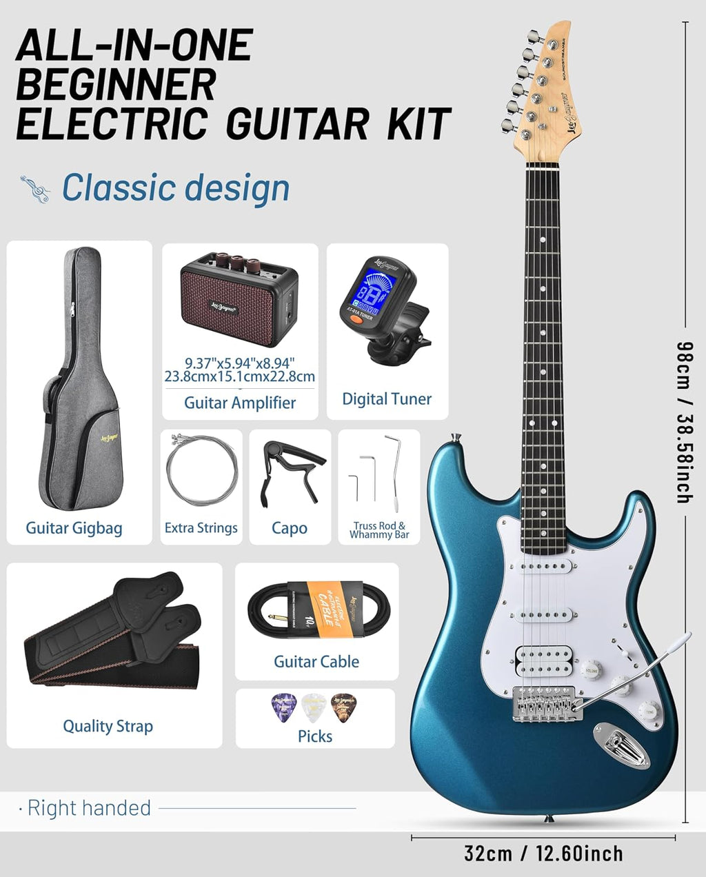 Leo Jaymz Beginner Electric Guitar 39' Kit with Portable Amplifier, Padded Gig Bag, Digital Tuner，Capo，Strap，Picks，HSS Pickups(Blue-HSS)