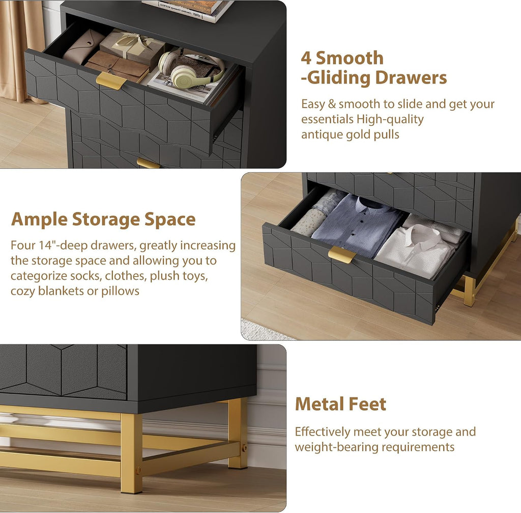 IDEALHOUSE Black Dresser for Bedroom, 4 Drawer Dresser with Metal Legs, Modern Dressers Chest Organizer with Wide Storage, Chest of Drawers for Bedroom, Living Room, Entryway