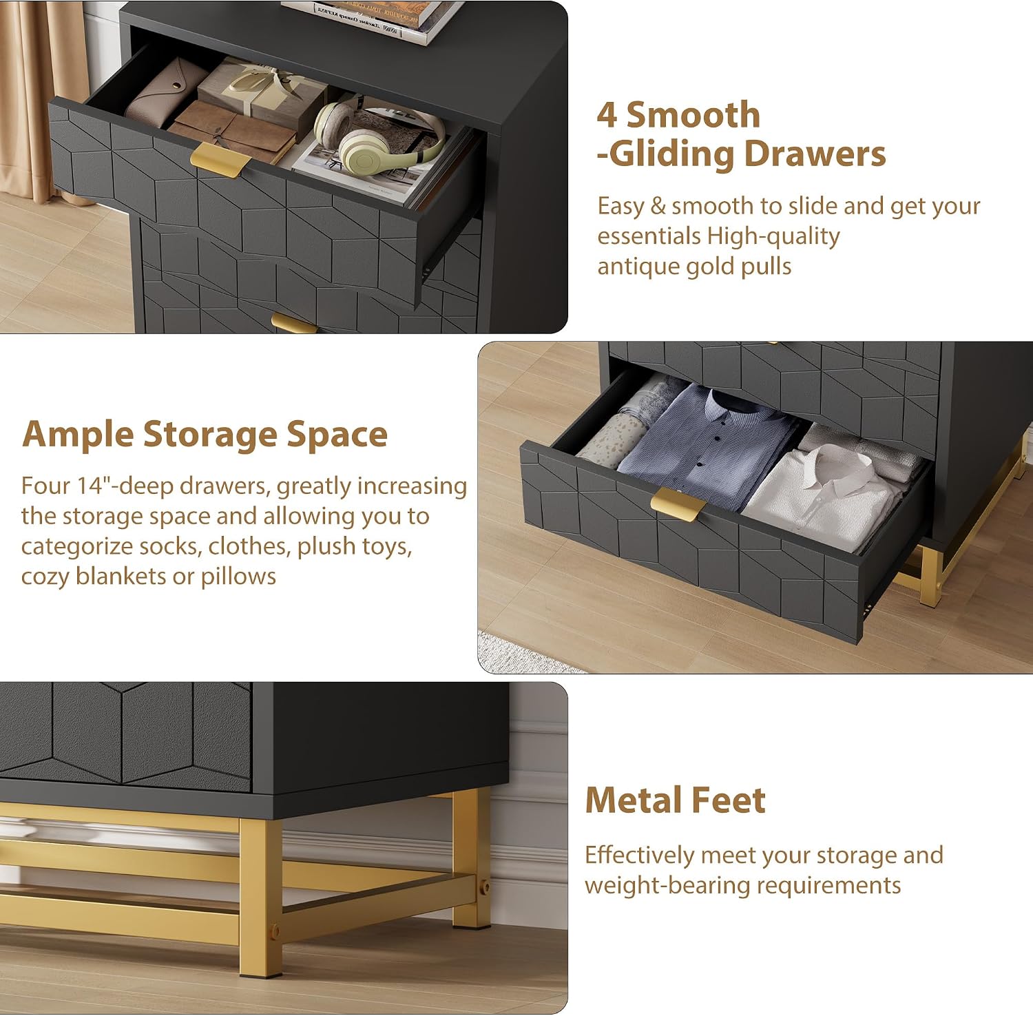 IDEALHOUSE Black Dresser for Bedroom, 4 Drawer Dresser with Metal Legs, Modern Dressers Chest Organizer with Wide Storage, Chest of Drawers for Bedroom, Living Room, Entryway