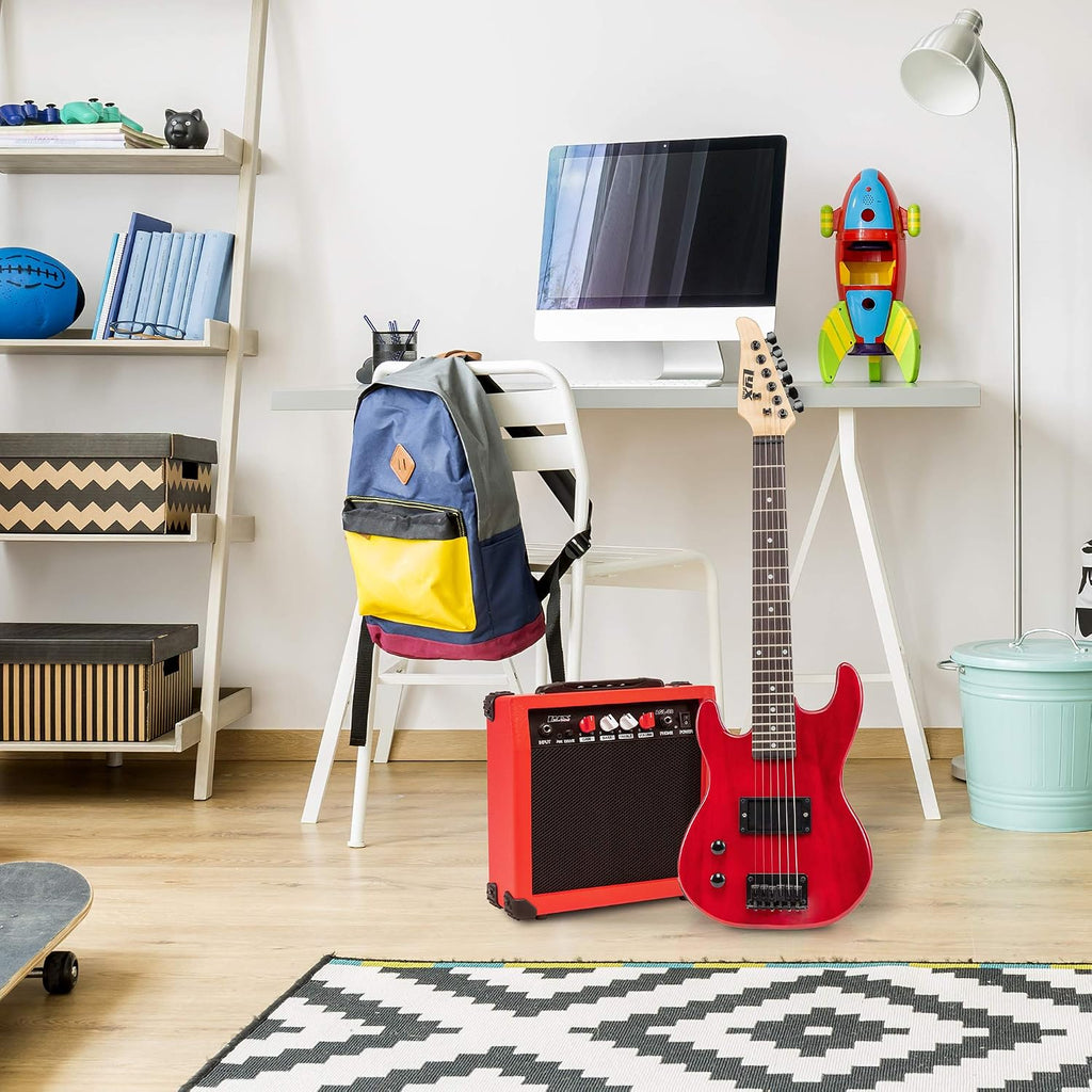 LyxPro Left Hand 30 Inch Electric Guitar Kit for Lefty Kids 3/4 Size Beginner's Guitar, Amp, Six Strings, Two Picks, Shoulder Strap, Digital Clip On Tuner, Guitar Cable and Soft Case Gig Bag - Red